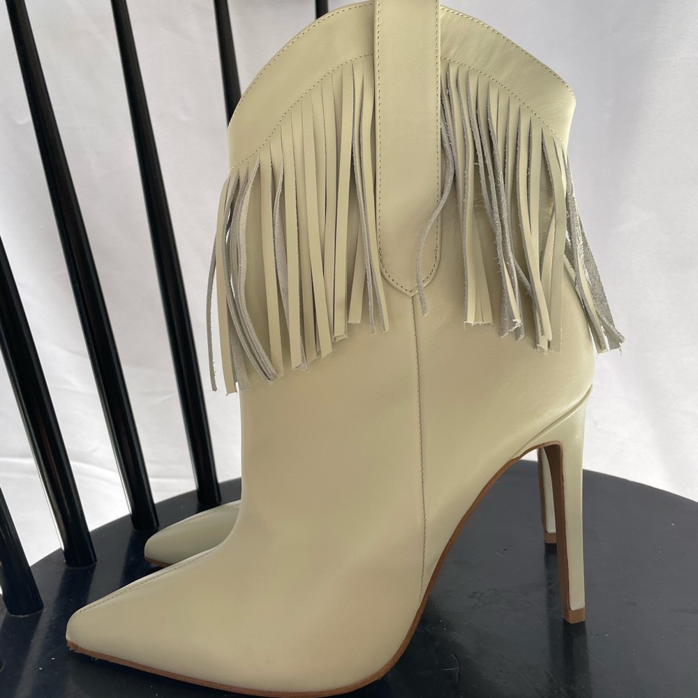 Raye white leather fringe heeled bootie